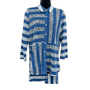 Bellissima stripe mixed print button front tunic semi sheer women's size M